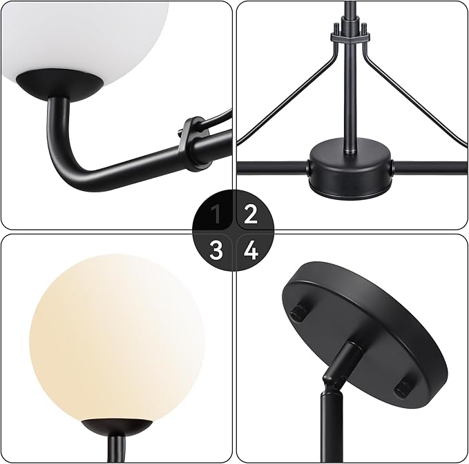 2 Lights Black Linear Chandelier, Mid Century Modern Kitchen Island Lighting, Dining Room Light Fixtures Over Table Hanging, Milk White Globe Glass Shade