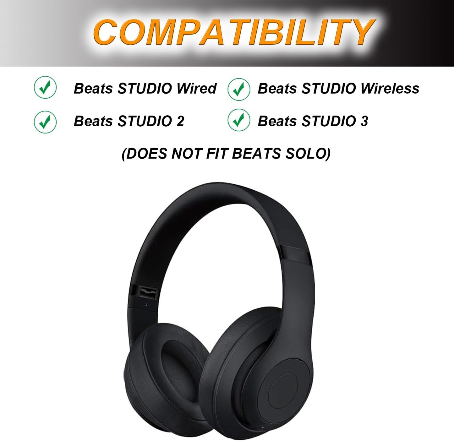 Replacement Ear Pads Cushions for Beats Studio（B0501、B0500），Beats Studio 2 & Studio 3 Wired & Wireless Headphones, Earpads with Soft Protein Leather, Noise Isolation Memory Foam - Grey (Black)