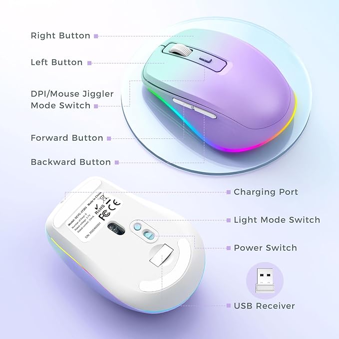 PEIOUS Wireless Mouse Jiggler - LED Wireless Mice with Build-in Mouse Mover, Rechargeable Moving Mouse for Laptop with Undetectable Random Movement Keeps Computers Awake - Purple to Green