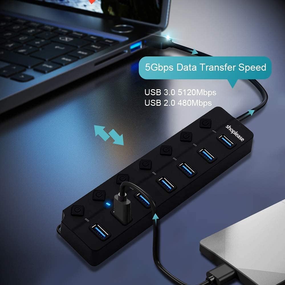 USB 3.0 Splitter, 7-Port USB 3.0 Hub with Individual Power Switches and Lights, Portable Expansion Data Hub with 5V/2A Power Adapter for Windows 10, 8.1, 8, 7, Vista, XP, Linux, Mac OS X