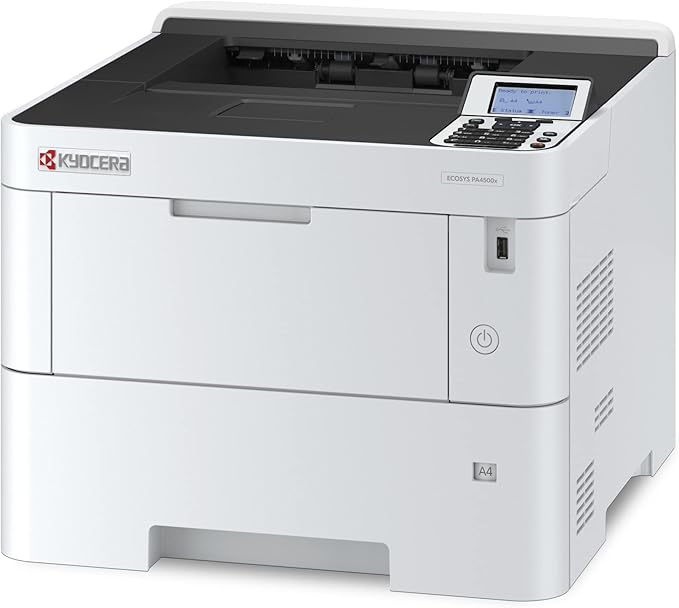 KYOCERA ECOSYS PA4500x Monochrome Laser Printer, 47 ppm, 600 x 600 dpi and Up to Fine 1200 dpi, 600 Sheet Tray, 100 Sheet MPT, Duplex, 5 Line LCD w/Hard Key Panel, Gigabit Ethernet, USB, 512 MB