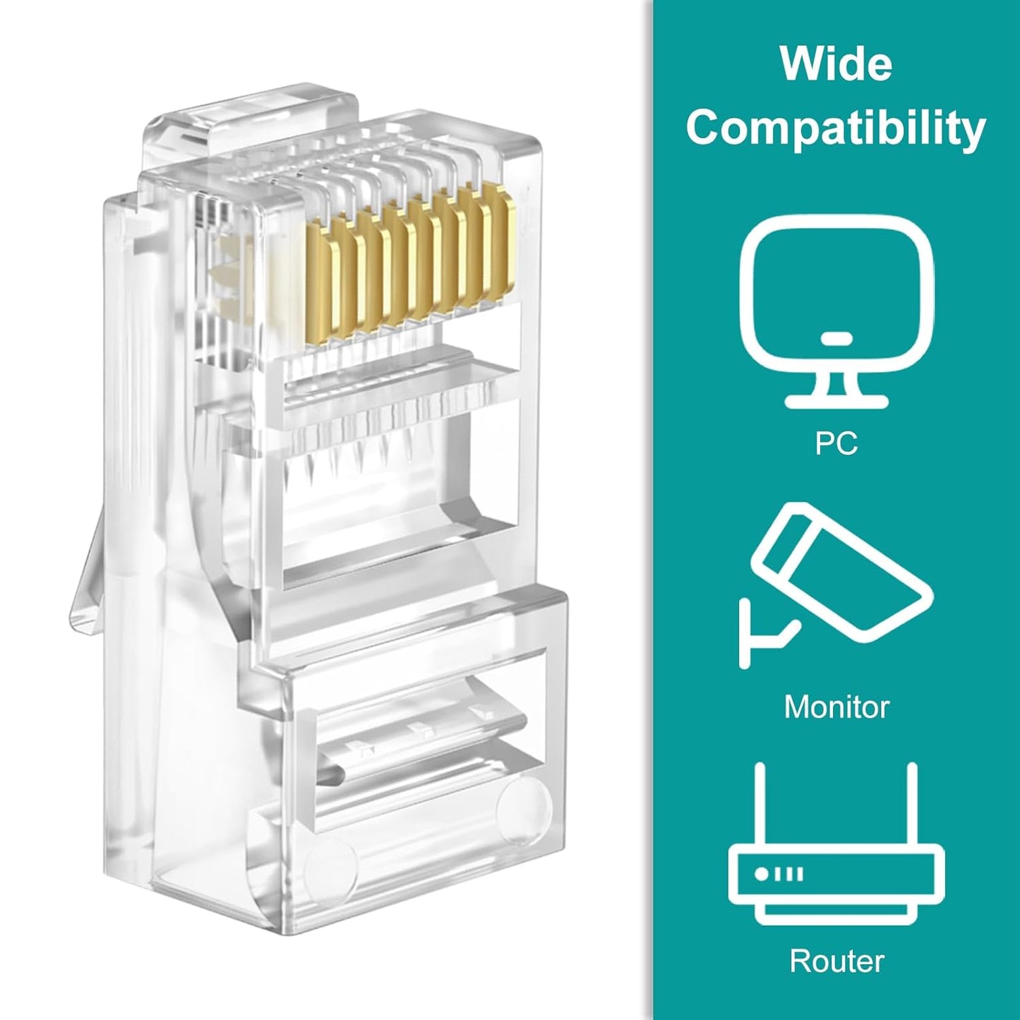 UTP RJ45 Connectors, Cat6 RJ45 Pass Through Plugs 50-Pack, Cat6 RJ45 Plugs with 50-Pack Strain Relief Boots for Solid or Standard Ethernet Cables, Transparent