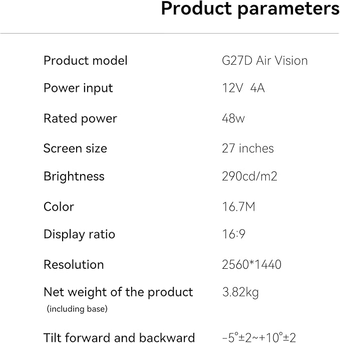 27 Inch QHD (2560x1440) Gaming Office Computer Monitor, 2K 100Hz Refresh Rate IPS Panel, 1000:1 Contrast Ratio, HDMI and DisplayPort（G27D Air Vision）