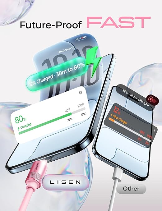 LISEN for iPhone Air 17 Charger Cord USB Cable 10FT, Chubby 100W Soft Silicone USB C to USB C Fast Charging Cable, Long USBC to USBC for iPhone 17 16 15, Samsung S25, MacBook Pro/Air, iPad, Pink