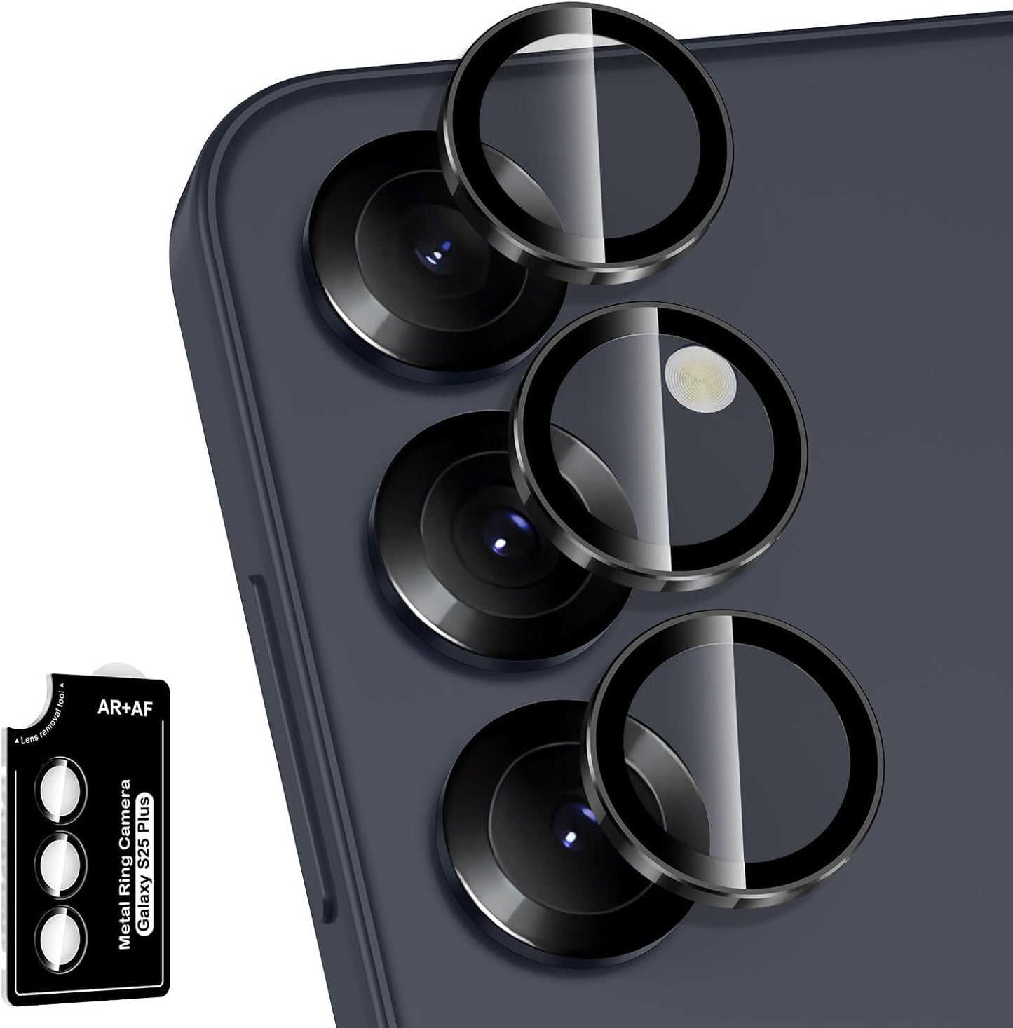 for Samsung Galaxy S25 Plus Camera Lens Protector, Individual Metal Ring Tempered Glass Lens Cover, [Strong Adsorption] Scratch Resistant Ultra-Thin HD Clear Lens Cover, 1 Set-Black Ring
