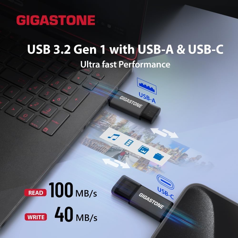 GIGASTONE 32GB Dual Flash Drive (5 Pack) Z40 USB 3.2 Gen 1, 2-in-1 Type-A & Type-C, 100MB/s Ultra Fast, Head Cap Design, Plug & Play for Smartphone/PC/Mac/TV/Car Audio, USB 2.0/3.0/3.1 Compatible