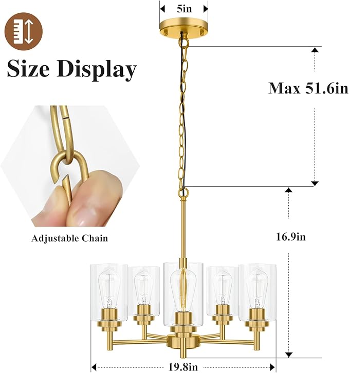 5-Light Chandelier for Dining Room Kitchen Island Modern Farmhouse Pendant Lighting with Clear Glass Shades Industrial Gold Hanging Ceiling Light Fixture for Foyer Living Room, Height Adjustable