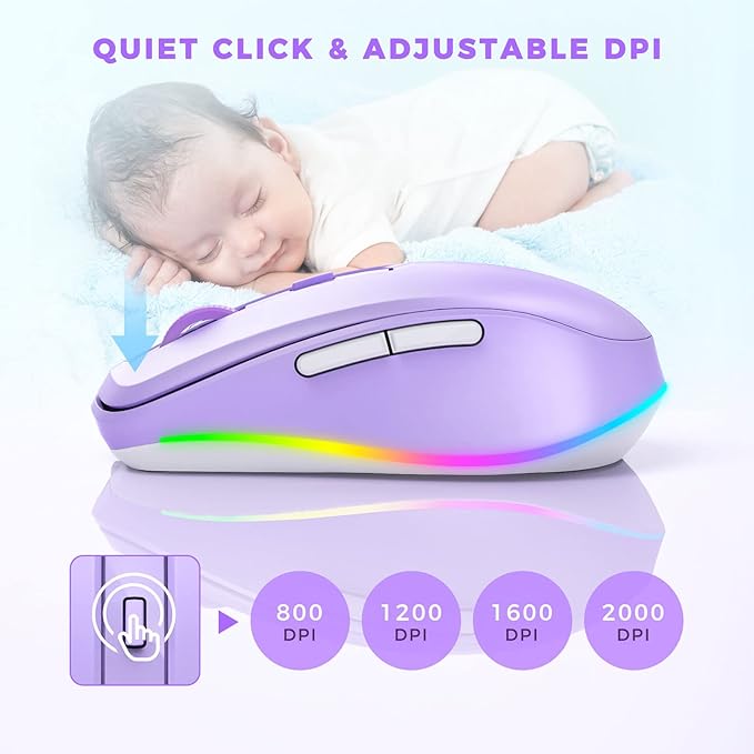 PEIOUS Wireless Mouse Jiggler - LED Wireless Mice with Build-in Mouse Mover, Rechargeable Moving Mouse for Laptop with Undetectable Random Movement Keeps Computers Awake - Purple