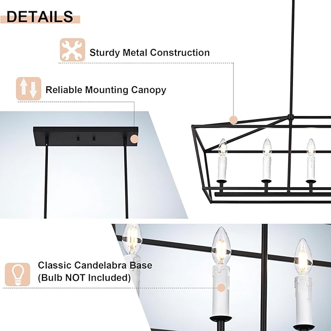 6-Light Black Island Lighting, Industrial Pendant Light Fixtures Candle-Style for Kitchen Dining Room Living Room, E12 Bulb Base