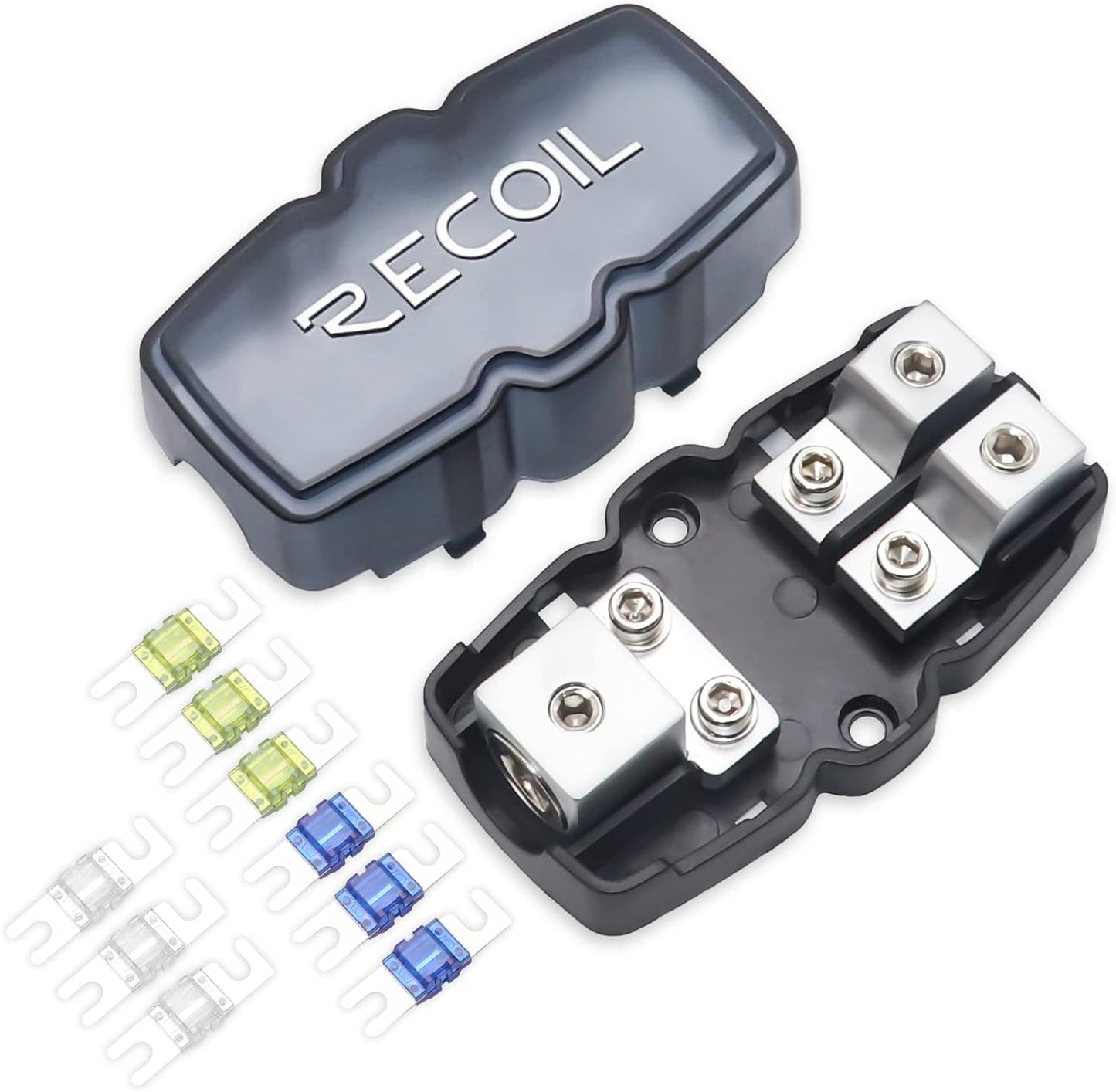 Recoil MFH12 2 Way Mini-ANL Fused Distribution Block, 1 X 0/2/4 Gauge in / 2 X 4/8 Gauge Out Fused Distribution Block with 60A, 80A, 100A Fuses, Solid Brass for Maximum Power Transfer