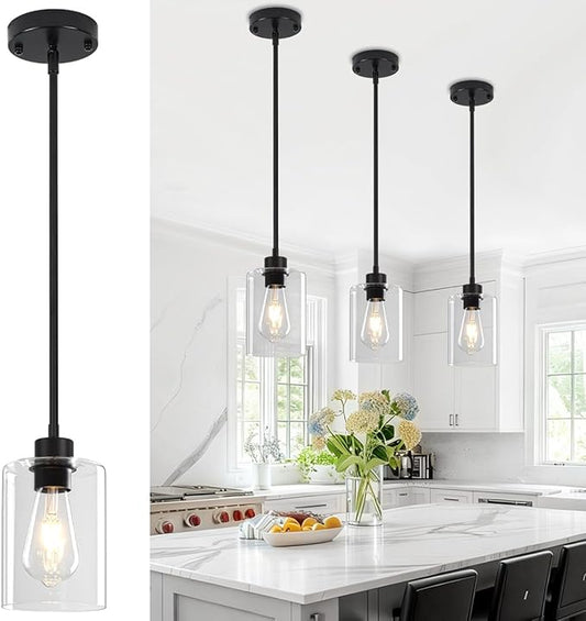 3 Pack Glass Pendant Lights Kitchen Island, Modern Black Pendant Lighting Over Island Hanging Light Fixtures Kitchen Ceiling Lamp Farmhouse Mini Chandeliers for Hallway Entryway Bedroom Dining Room