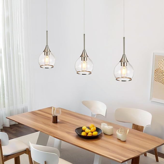 1-Piece Island Light for Kitchen, 1-Light Brushed Nickel Kitchen Island Hanging Pendant Light, Brushed Nickel Dining Room Light Fixture Over Table with Clear Round Glass Shade