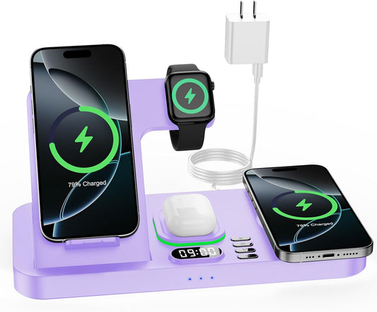 Dual Phone Wireless Charging Station for Apple Devices, Magnetic Charging Station for iPhone with Auto Switch 7-Color Light&Clock,Family Watch Charger for iPhone17 for iWatch10 for AirPods Pro3(Purple