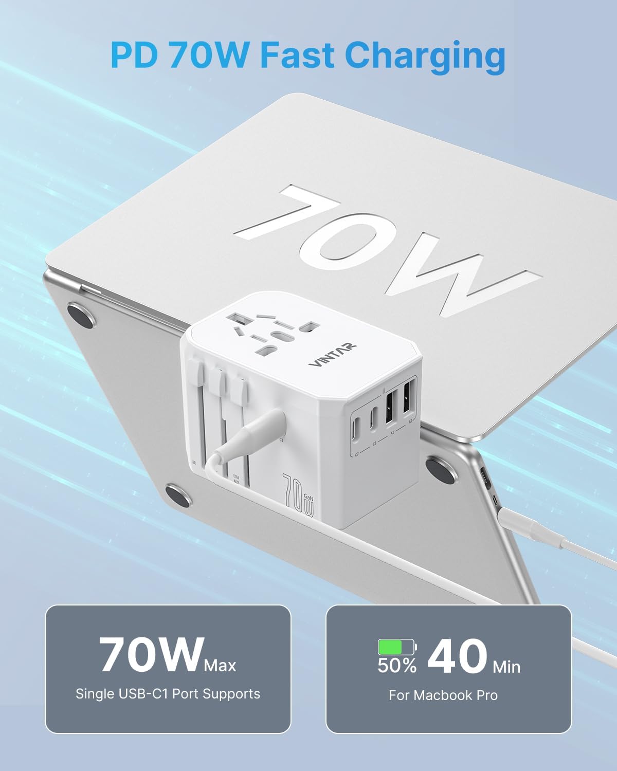 Universal Travel Adapter, VINTAR 70W GaN International Power Adapter with 5 USB Ports (3 USB-C), All-in-one Travel Essentials Plug Adaptor, Travel Adapter Worldwide for UK/EU/USA/AUS, White