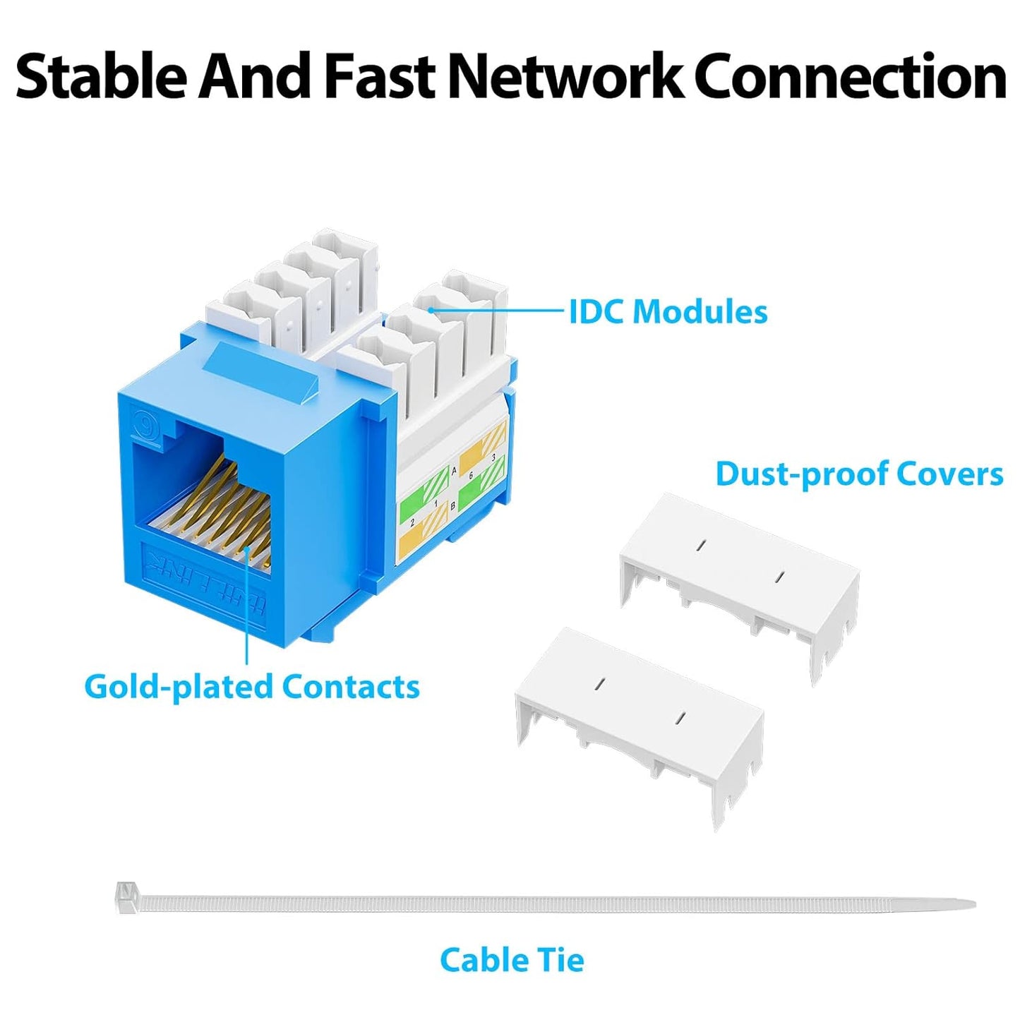Iwillink 10Gbps Cat6 Keystone Jack 10-Pack, RJ45 90-Degree Ethernet Coupler, Punch Down Adapter (Blue)