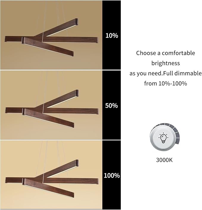 3-Light Linear Pendant,Dining Room Light Fixture,Modern Led Chandeliers for Living Room,Dimmable Wood Ceiling Pendant Light,45W for Living Room,Dining Room,Kitchen Island,Walnut Color