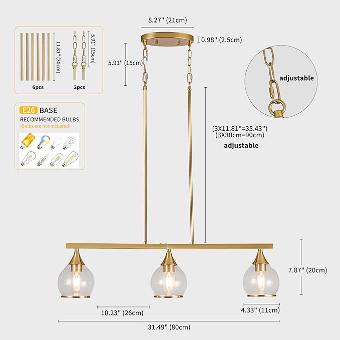 Island Light for Kitchen, 3-Light Gold Kitchen Island Linear Hanging Pendant Chandeliers, Brushed Gold Dining Room Light Fixture Over Table with Clear Round Glass Shades
