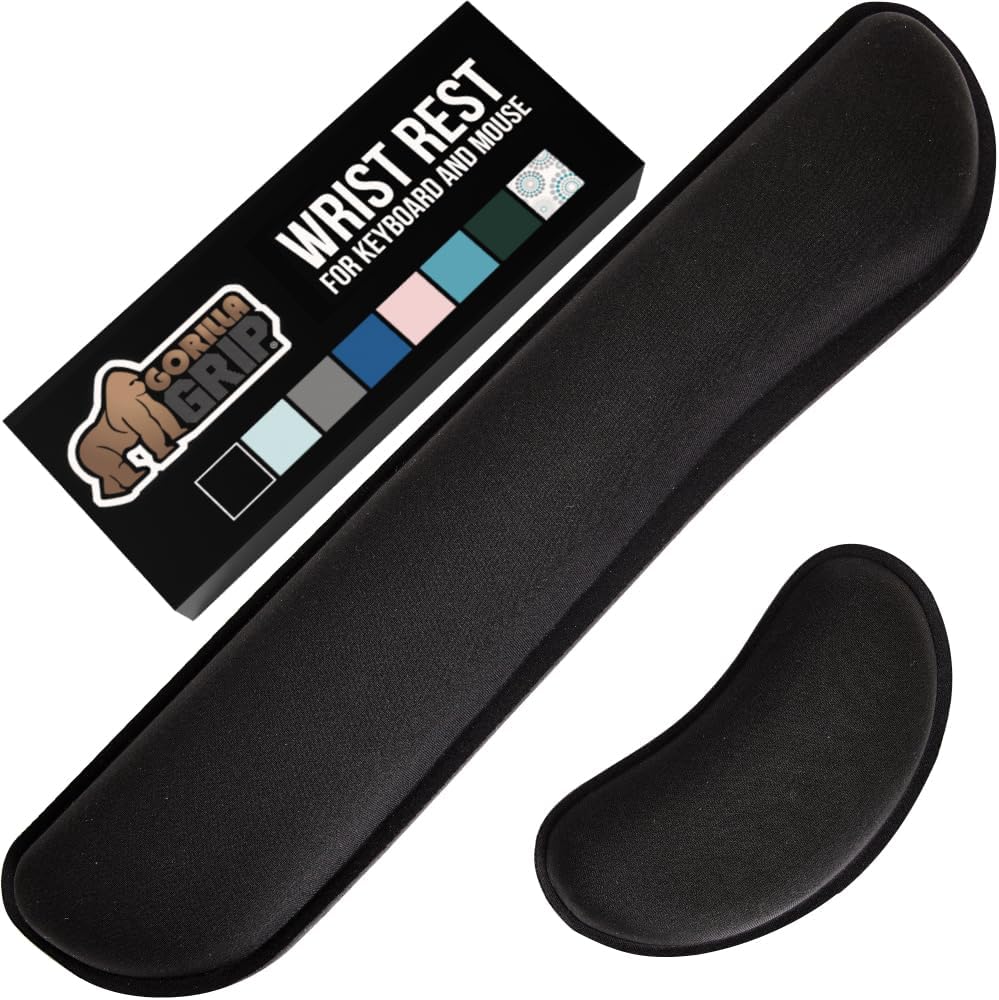 GORILLA GRIP Silky Gel Memory Foam Wrist Rest for Computer Keyboard, Mouse, Ergonomic Design for Typing Pain Relief, Desk Pads Support Hand and Arm, Mousepad Rests, Stain Resistant, 2 Piece Pad, Black
