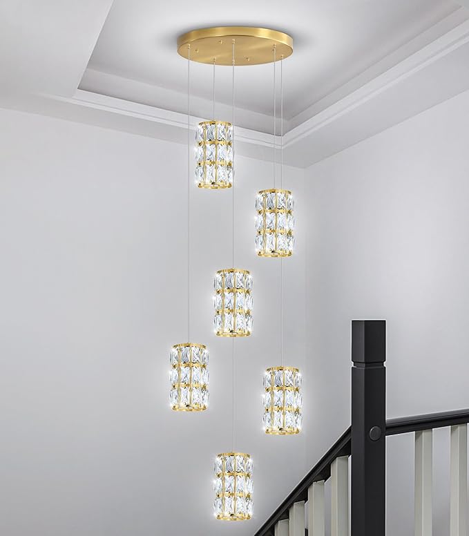 6-Lights Modern Crystal Pendant Lights for Kitchen Island LED Dimmable Glam Pendant Lighting Chandelier for Dining Room Hallway Corner Lamp Gold