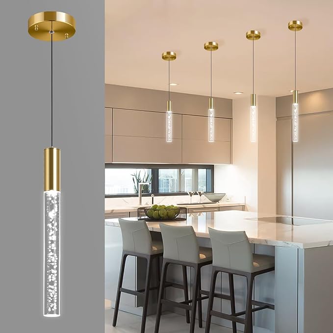 Modern Gold Pendant Light Fixture 3-Color for Kitchen Island, 1-Light LED Pendant Lighting Cord Adjustable Acrylic Ceiling Hanging Lights for Living Room Bedroom Dining Room (1 Pack)