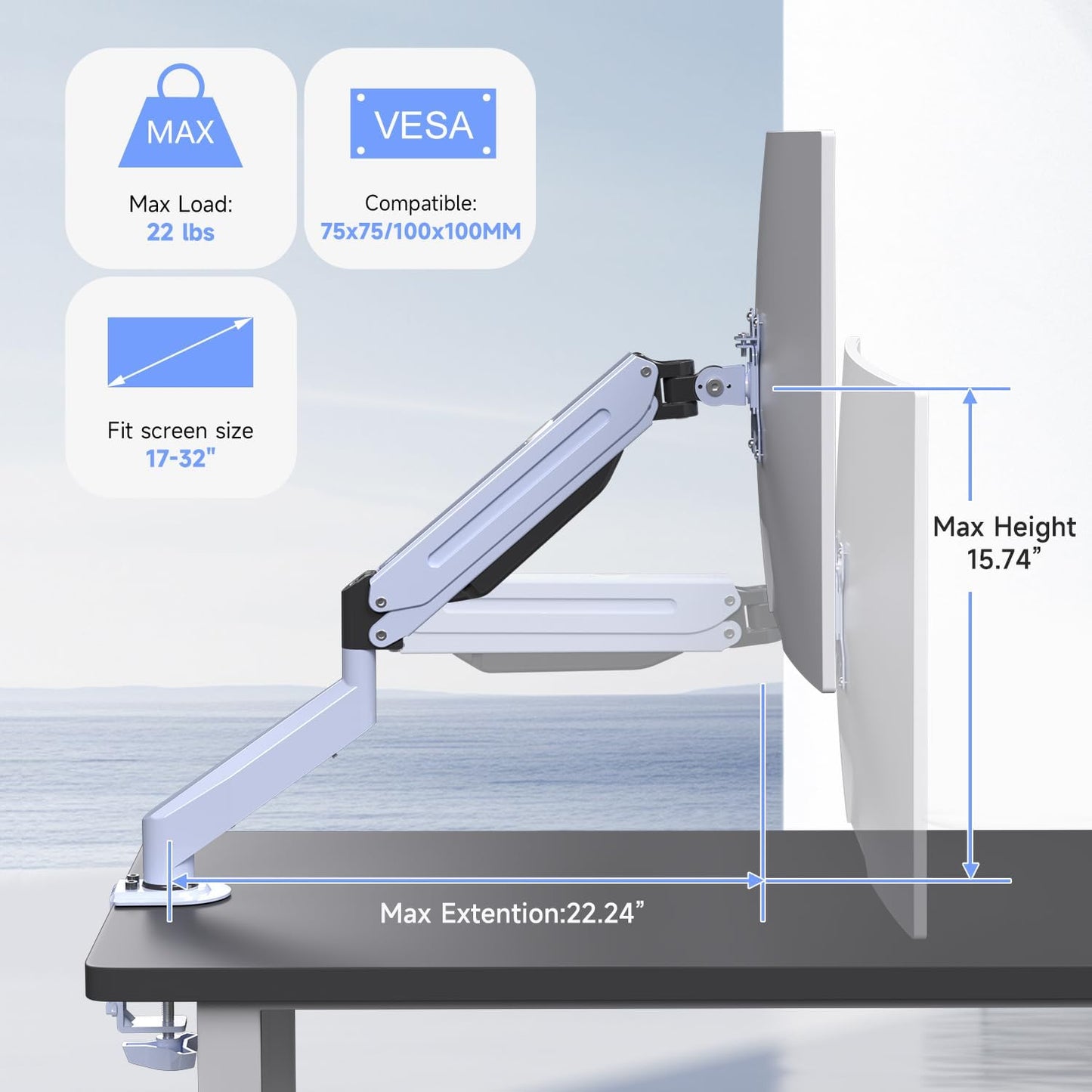 Suptek Monitor Mount Gas Spring Monitor Arm Desk Mount Fully Adjustable Fits 17-32inch Monitors Weight Capacity up to 22 lbs,Blue(MD8BLUE)