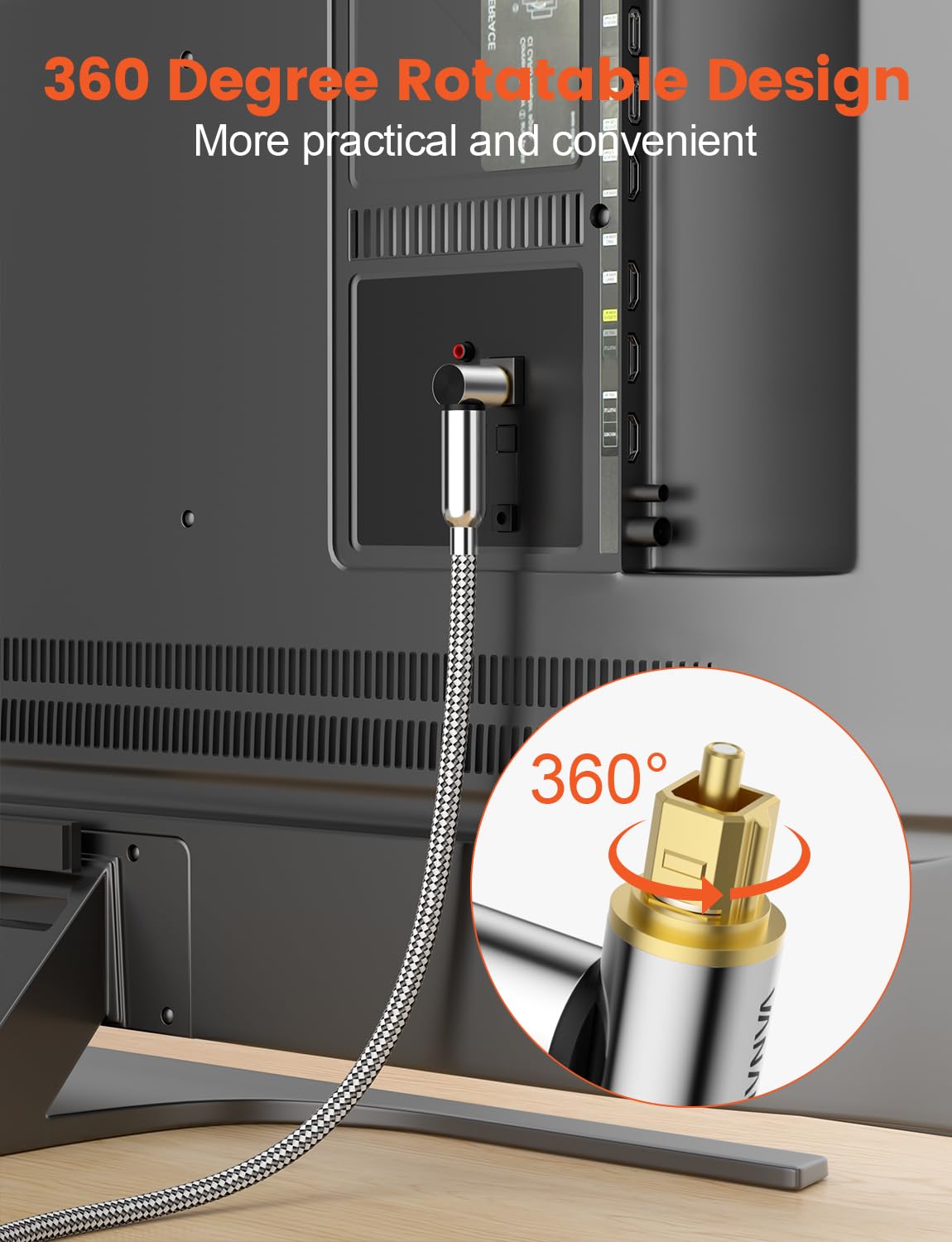 VANAUX 90-Degree Optical Audio Cable 15FT,Premium Fiber Optic Toslink Cable(24K Gold-Plated Connectors,Aluminum Alloy Shell,Braided Jacket)Ideal for Tight Spaces,Home Theater,Soundbars,Gaming Consoles