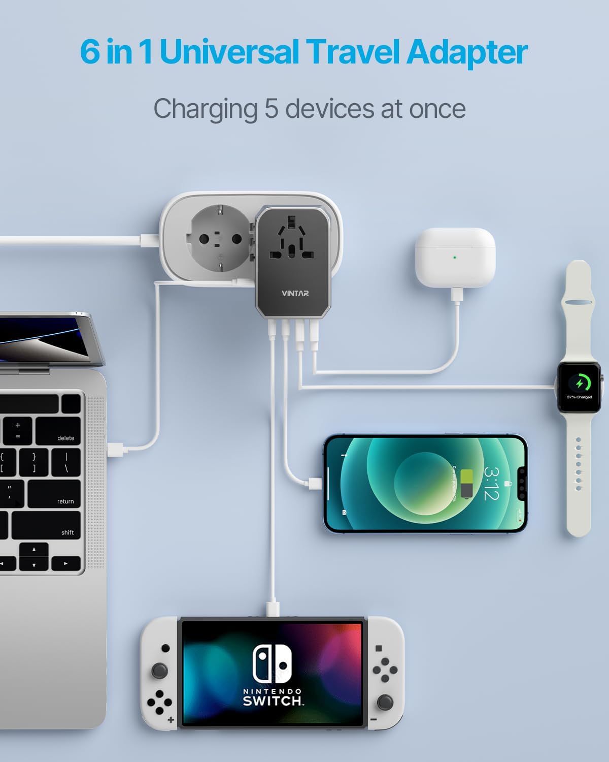 Universal Travel Adapter, VINTAR 70W GaN International Power Adapter with 5 USB Ports (3 USB-C), All-in-one Travel Essentials Plug Adaptor, Travel Adapter Worldwide for UK/EU/USA/AUS, Black