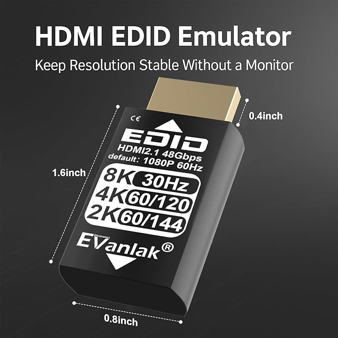 EVanlak 8K 30Hz HDMI Dummy Plug, 4K EDID Emulator Virtual Display Adapter, Headless Ghost HDMI 2.1 Emulator Supports 8K@30Hz / 4K@120Hz / 1440p@144Hz / 1080p@144Hz, Plug & Play Gold Dongle (1-Pack)