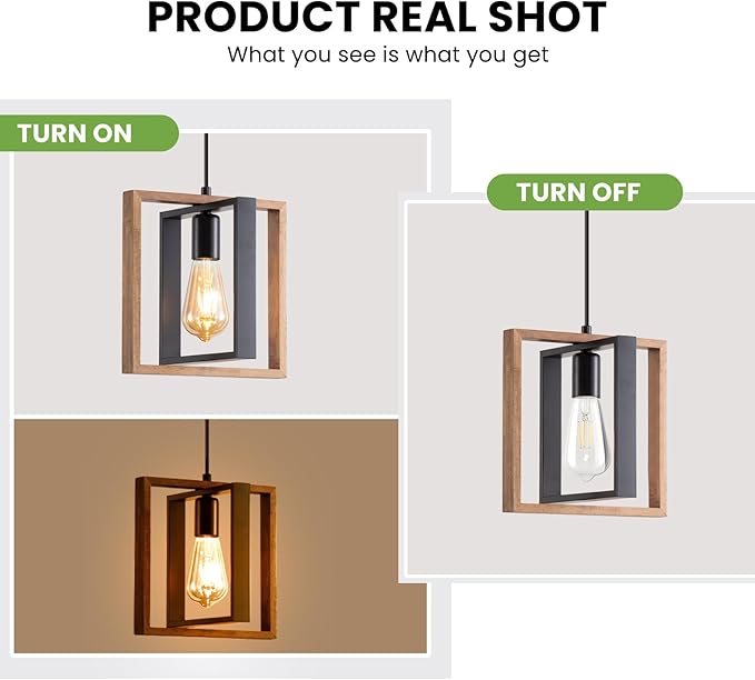 2 Pack Farmhouse Pendant Light Fixture, Black Kitchen Island Pendant Lights, Industrial Metal and Vintage Wood Hanging Light, Adjustable Height Rustic Ceiling Lamp for Entryway, Dining Room, Foyer