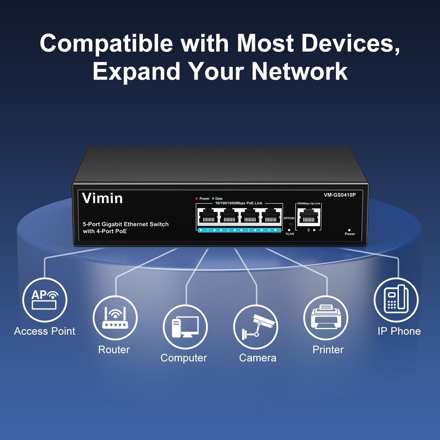 4 Port Gigabit PoE Switch with 1 Uplink Gigabit Ports, VIMIN 5 Port Unmanaged Ethernet PoE Switch with 72W Power, Support IEEE802.3af/at, VLAN, Metal Housing, Desktop or Wall-Mount, Plug & Play