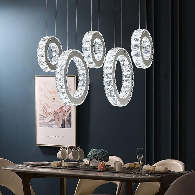 Buccleuch 5-Ring Crystal Chandelier, Height Adjustable UL-Certified Dimmable LED Pendant Light, Stainless Steel K9 Crystal Ceiling Light for Dining Room Living Room Bedroom, 6000K 4400lm