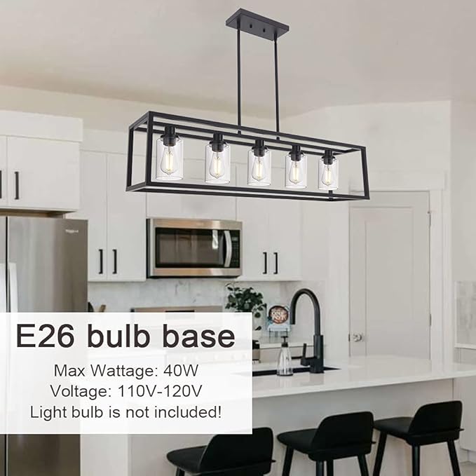 MELUCEE 36.2 Inches Length Industrial Chandelier for Kitchen Island, 5-Light Rectangle Dining Room Lighting Fixtures Hanging Black Finish, Farmhouse Pendant Light Open Metal Frame with Clear Glass