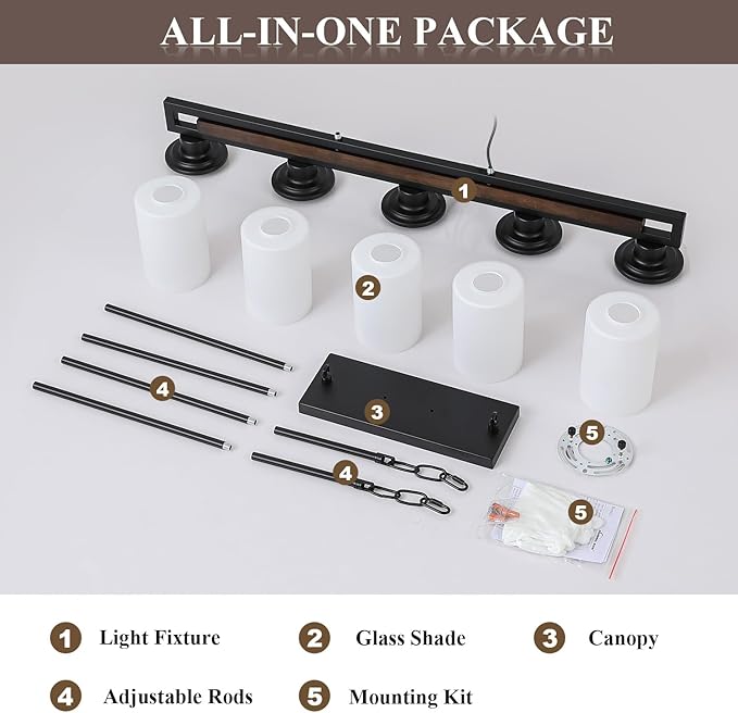 Farmhouse Dining Room Light Fixture, 5-Light Wood Kitchen Island Lighting for Dining Room Over Table, Black Adjustable Pendant Light with Milk Glass Shades, Linear Chandeliers Lighting for Kitchen