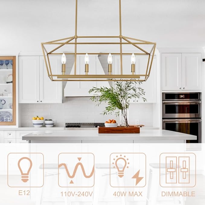 4-Lights Golden Pendant Light Fixtures, Modern Lantern Linear Chandelier with Adjustable Height, Dining Room Ceiling Lighting Hanging for Over Table