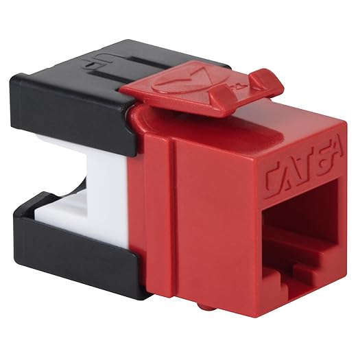 ICC CAT6A Keystone Jack with Slim Profile 180 Degree Punch Down, 10Gbps RJ45 UL Listed PoE++ TAA Compliant for Wall Plate or Patch Panel, Works with JackEasy Termination Tool, Red