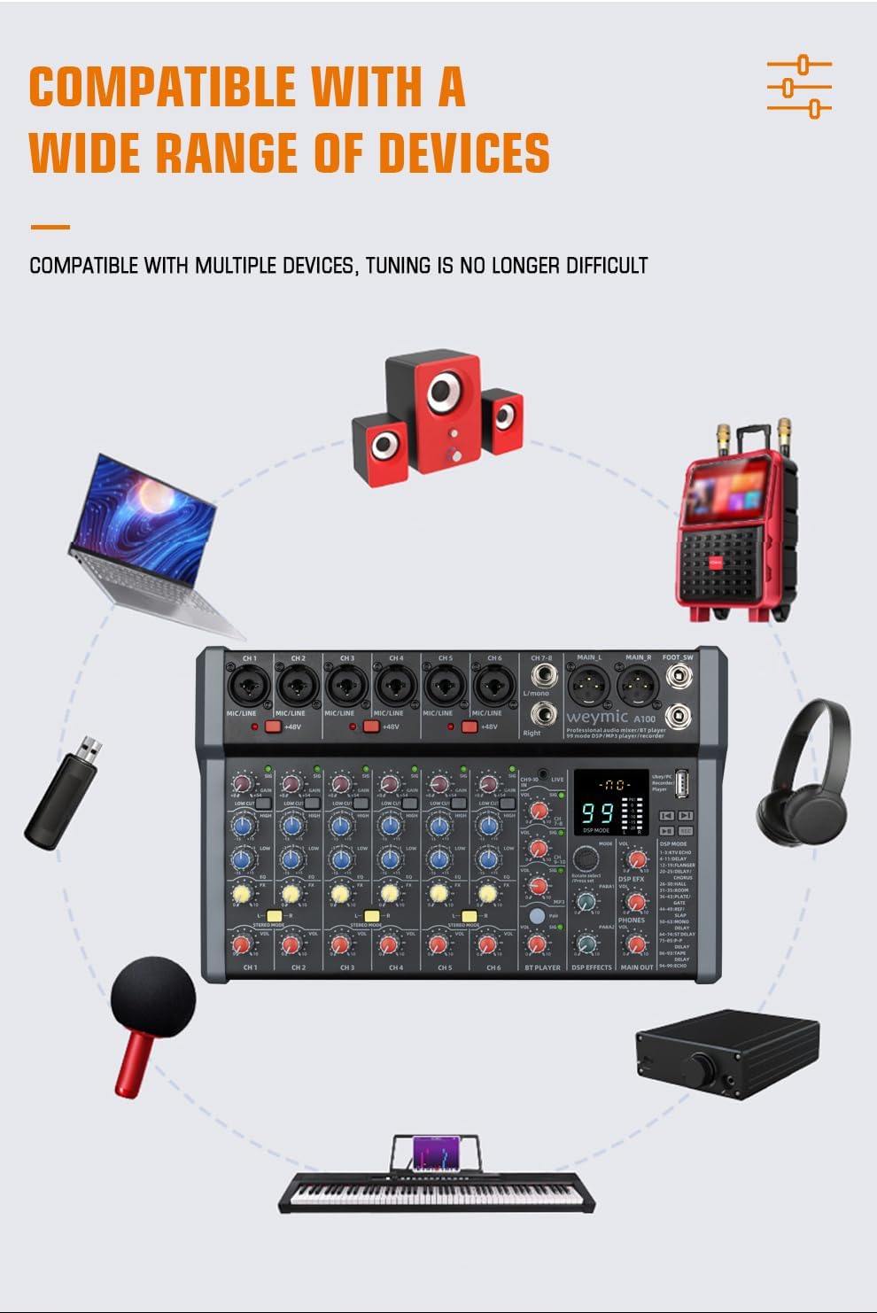 A-Series Professional Mixer for Recording DJ Stage Karaoke Music Application w/ 99 DSP Effect USB Drive for Computer Recording Input, XLR Microphone Jack, 48V Power for Professional (8-Channel)