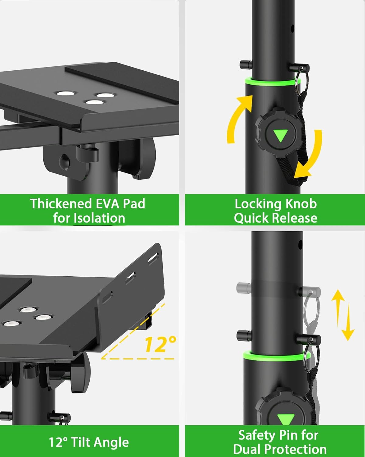 Set of 2 Dual Side Clamping Studio Monitor Stands Desk Clamp Speaker Stands 0-12°Tilt Height Adjustable Extendable Top Plate Mounted by Screws