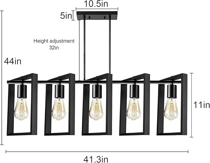 5-Light Island Lights for Kitchen, Rectangular Black Metal Kitchen Island Chandelier 41.3" Adjustable Rustic Modern Dining Room Light Fixtures Over Table, Chandeliers for Dining Room