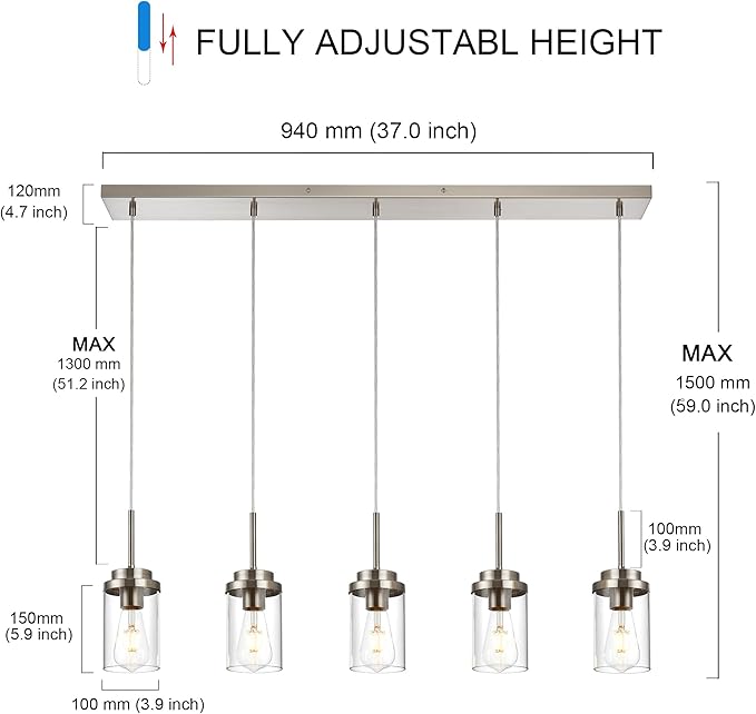 MELUCEE 5 Lights Kitchen Island Lighting Modern Linear Chandeliers for Dining Room, Industrial Brushed Nickel Pendant Light Fixtures Ceiling Hanging with Clear Glass Shade, 37.0 Inches Length