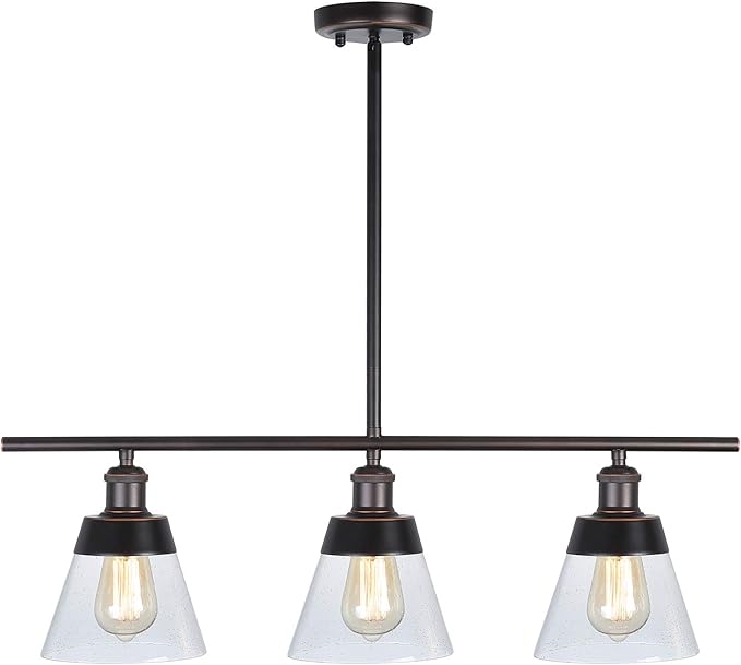 Rustic Glass Kitchen Island Lighting, Clear Seeded Glass Linear Chandelier, 3 Lights Adjustable Rod Industrial Pendant Light Fixture for Kitchen Island Dining Room Farmhouse, Oil Rubbed Bronze