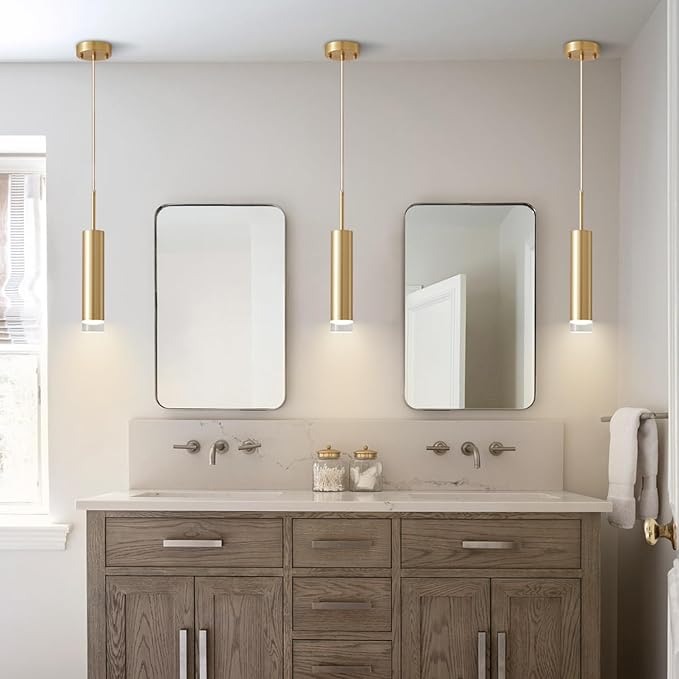 KCO Lighting Industrial Gold LED Long Tube Pendant Light Mid Century Modern Bushed Brass Mini Cylinder Pendent Lights Kitchen Island Small Hanging Ceiling Light Fixtures 3 Pack