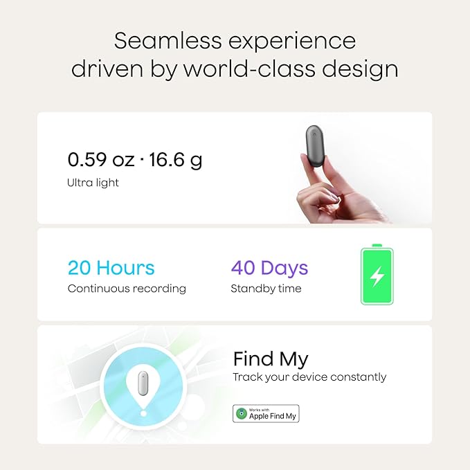 Plaud NotePin Voice Recorder, AI Voice Recorder, App Control, AI Notetaker, AI Transcribe & Summarize, Support 112 Languages, 64GB Memory, Audio Recorder for Lectures, Meetings, Lunar Silver
