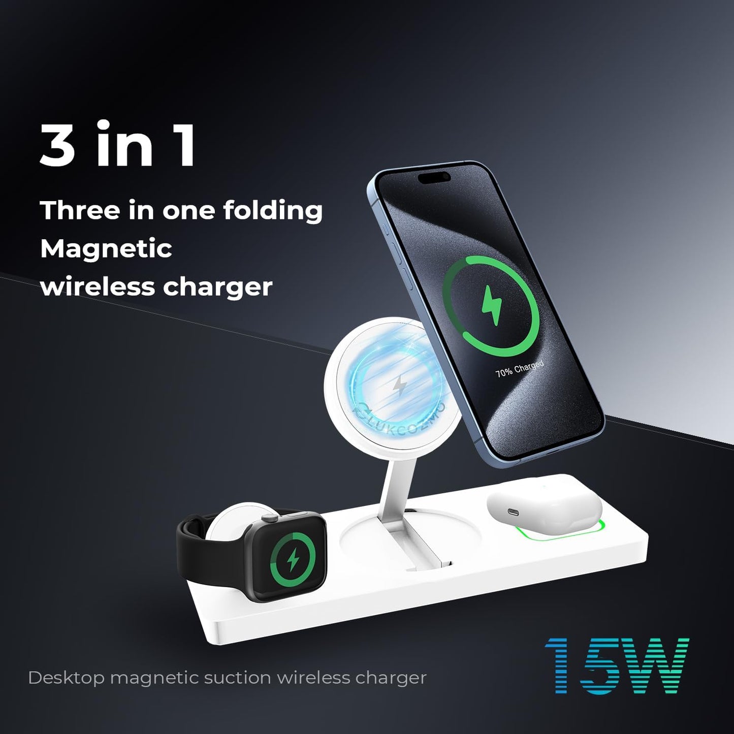 Wireless Charger Station 3 in 1, Fast Charging for iPhone 15/14/13/12 Pro/Max/Mini/Plus, Apple Watch 8/7/6/SE/5/4/3/2, AirPods 3/2/Pro/Pro 2, with Adapter (White)