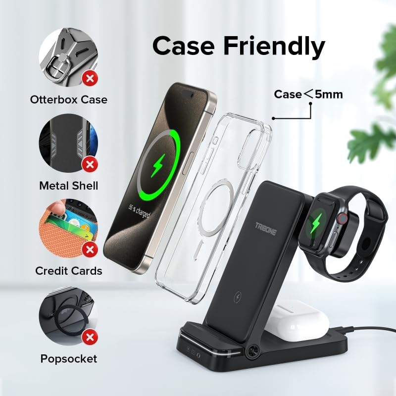 Wireless Charger, Tribone 3 in 1 Foldable Fast Charger for iPhone 16 15 14 13 12 11 Pro Max XR XS 8 Plus,for Multiple Devices，for Apple Watch 10 9 8 7 6 5 4 3 2 SE Ultra,for AirPods Pro 4 3 2, Black