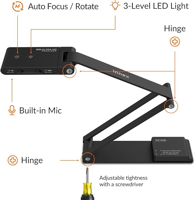 Innex DC500 13MP 4K USB Document Camera, Webcam & Scanner, 3-in-1, 13MP, Noise-Cancelling Mic, Dual Autofocus, Auto Flip, Built-in LED lamp, OCR, Win, Mac, Chromebook, Distance Education, Meetings
