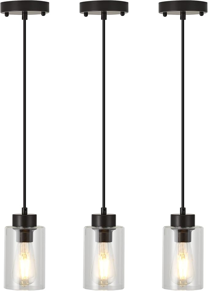 Pendant Light Fixtures, Industrial Hanging Ceiling Lamp with Clear Glass Shade, Oil Rubbed Bronze Rustic Farmhouse Pendant Lighting for Kitchen Island Décor (3 Pack)