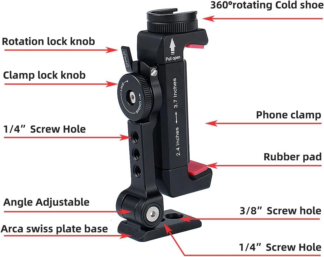 Metal Phone Tripod Mount w Rotatable Cold Shoe for Micphone Easy Use,Compatible with iPhone Tripod Adapter, Cell Phone Mount Holder,Hot Video Creater Vlogging Rig