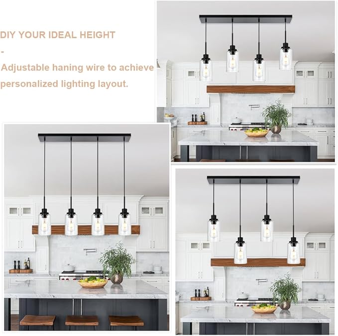 Black Pendant Light Fixtures with Clear Glass, 4-Lights Adjustable Height Hanging Ceiling Lights, Kitchen Island Lighting for Living Room Office Bar Farmhouse