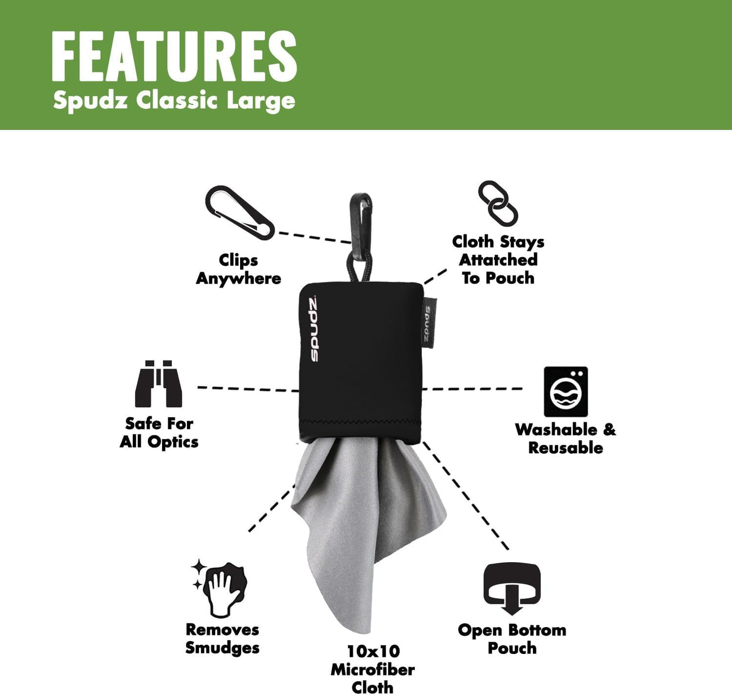 SPUDZ Classic Microfiber Lens Cleaner – Clip-On Pouch, Washable – for Binoculars, Scopes, Glasses, Screens | Multi-Camo, 10 x 10 Inch (2-Pack)