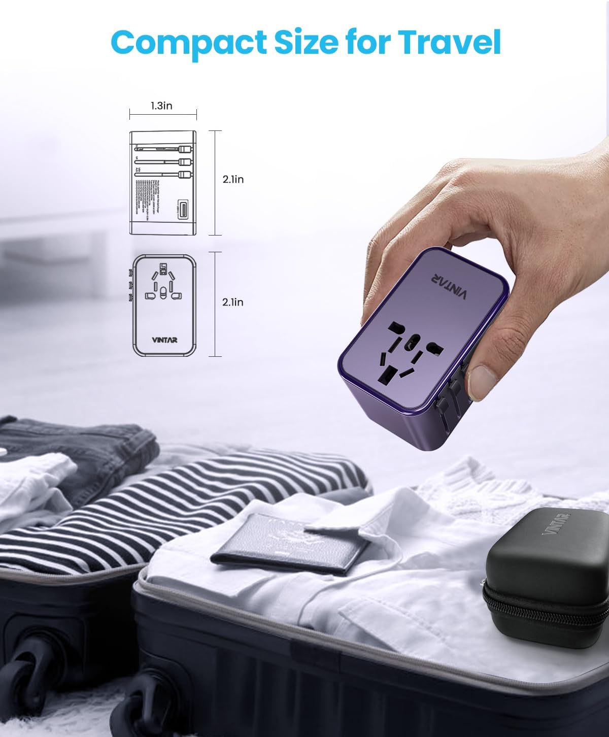 Universal Travel Adapter, VINTAR 75W GaN International Power Adapter with 3 USB C PD and 2 USB A QC, All in One Travel Essentials for UK/EU/USA/AUS, Travel Adapter Worldwide for Laptops Phones, Purple